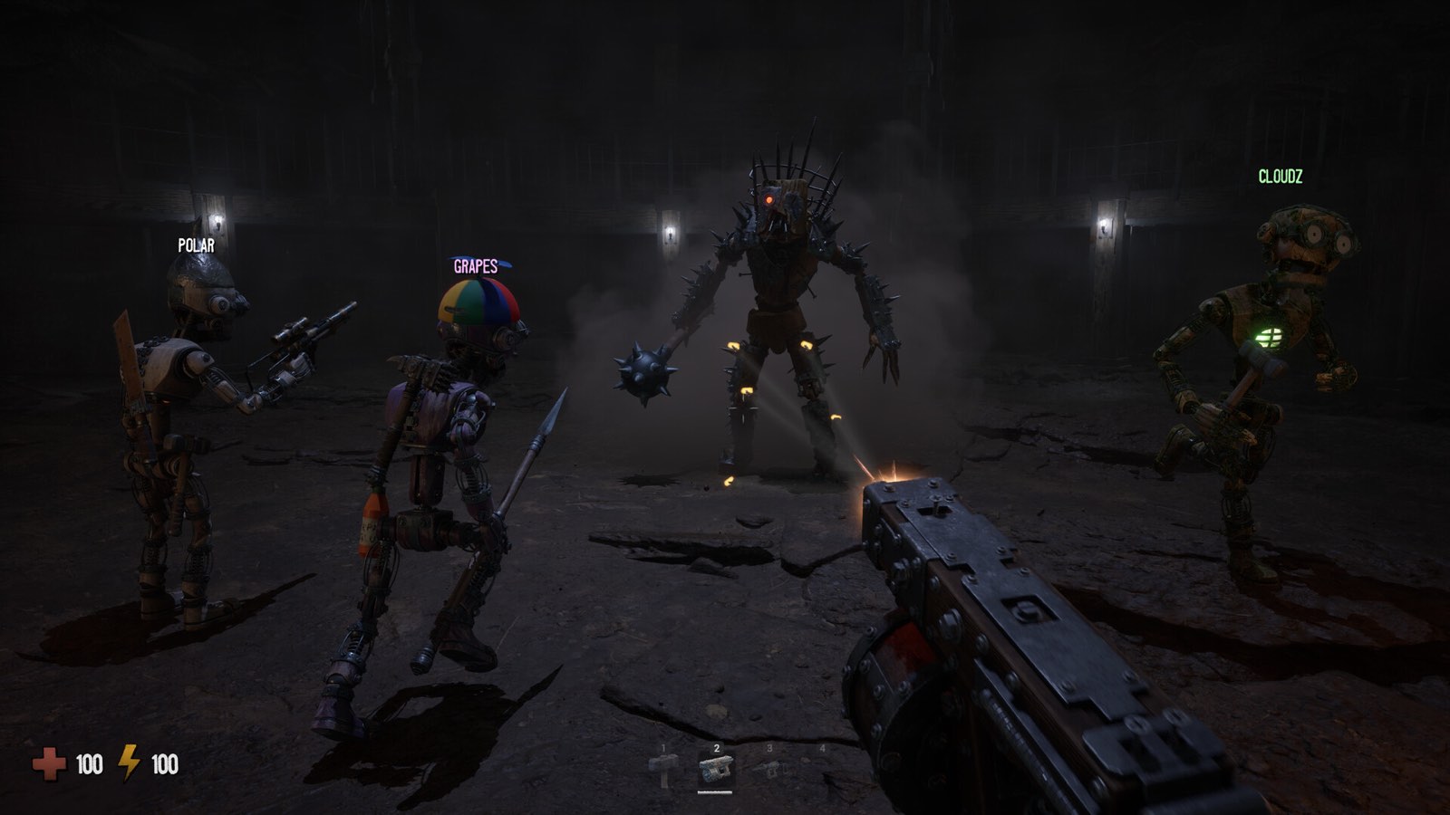 Three GRAIN ROT players face a Corrupted creature in underground ruins
